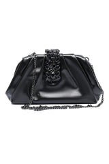 CRYSTAL CLASP PLEATED CLUTCH-BLACK