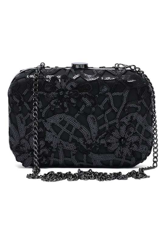 BLOOM SEQUIN BOX CLUTCH-BLACK