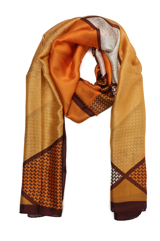 ABSTRACT PANEL SILK SCARF-BROWN