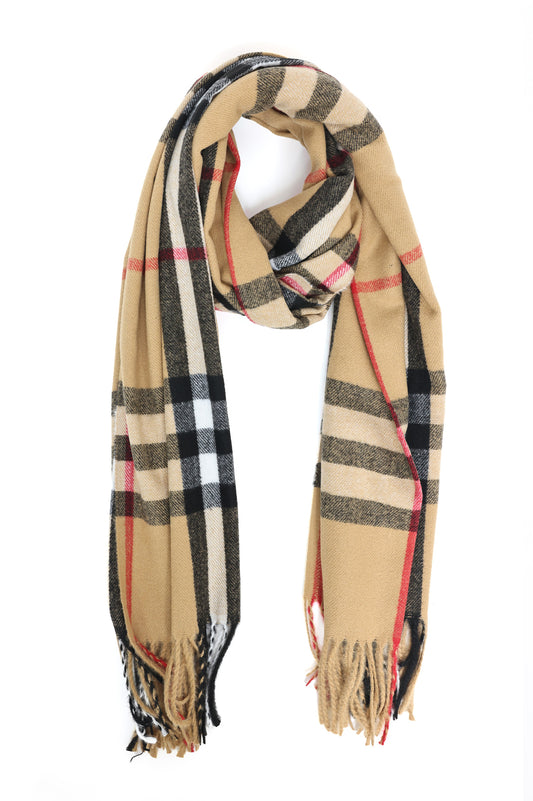 CLASSIC PLAID FRINGED SCARF-BEIGE