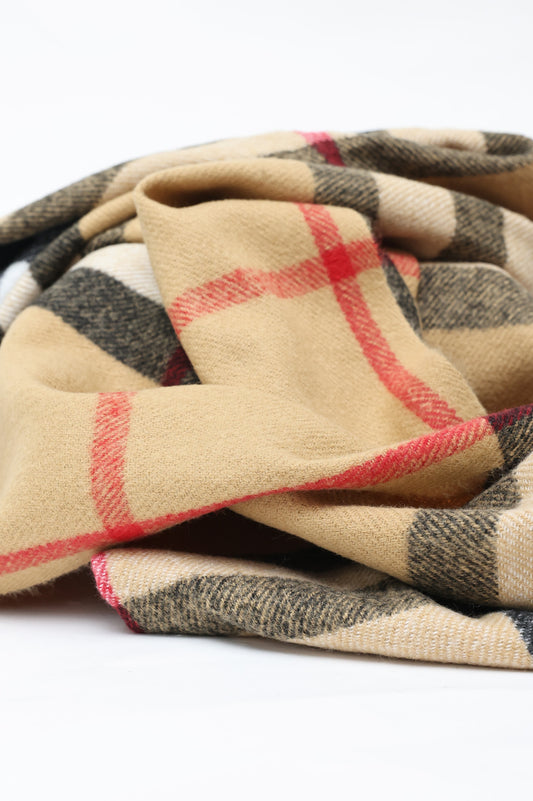 CLASSIC PLAID FRINGED SCARF-BEIGE