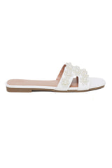 WOMEN'S PEARL-STUDDED SLIDES-WHITE