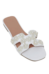 WOMEN'S PEARL-STUDDED SLIDES-WHITE