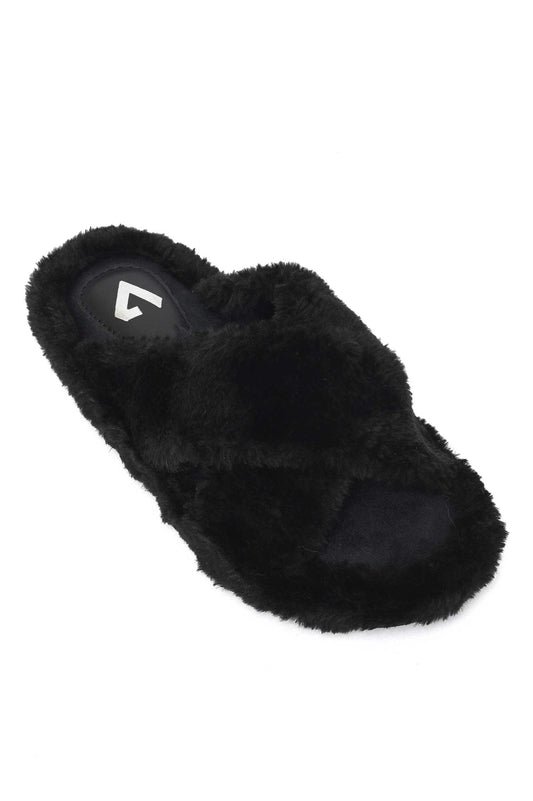 FLUFFY CROSS FUR SLIDE-BLACK