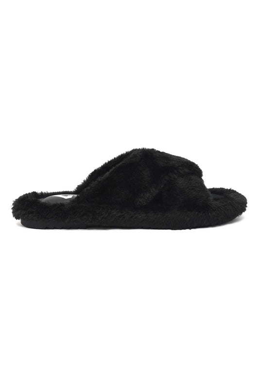 FLUFFY CROSS FUR SLIDE-BLACK