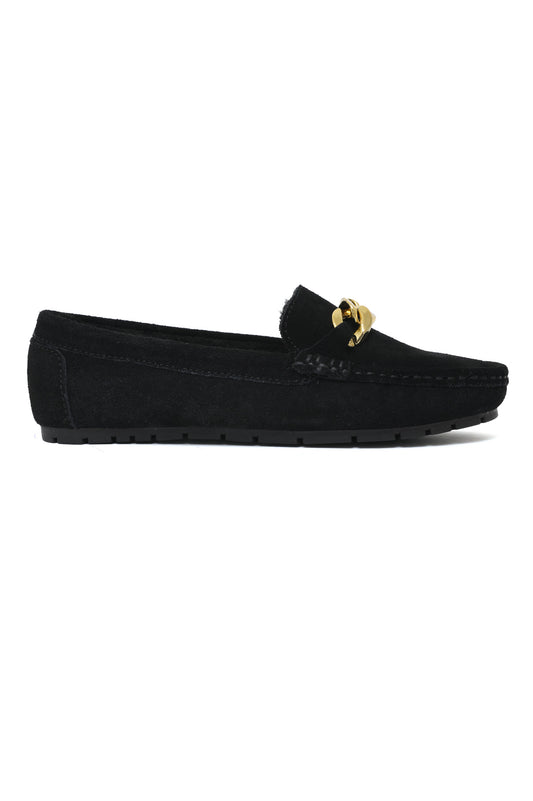 CHAINLINK FURRY SUEDE MOCCASIN-BLACK