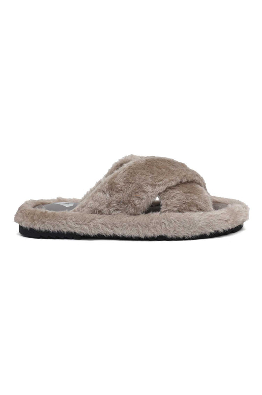 FLUFFY CROSS FUR SLIDE-LT-OLIVE