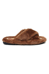 FLUFFY CROSS FUR SLIDE-BROWN