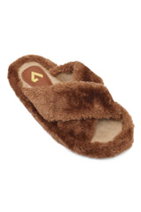 FLUFFY CROSS FUR SLIDE-BROWN