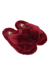 FLUFFY CROSS FUR SLIDE-MAROON