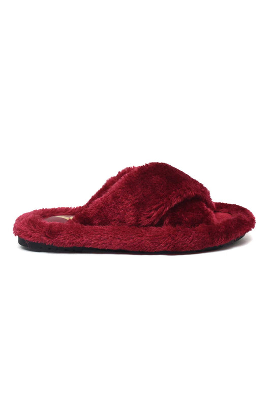 FLUFFY CROSS FUR SLIDE-MAROON