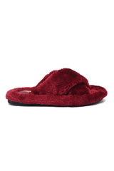 FLUFFY CROSS FUR SLIDE-MAROON
