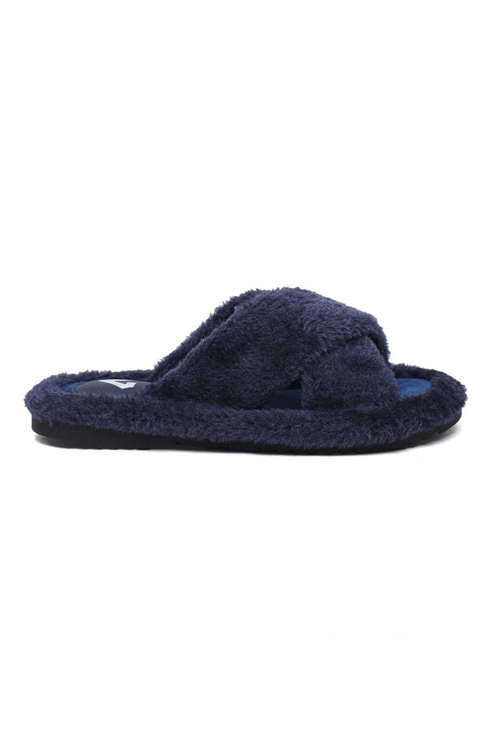 FLUFFY CROSS FUR SLIDE-NAVY