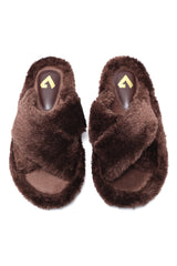 FLUFFY CROSS FUR SLIDE-COFFEE