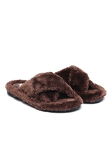 FLUFFY CROSS FUR SLIDE-COFFEE