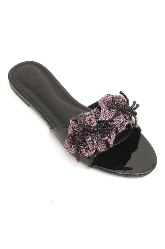 EMBELLISHED BLOOM SLIDE-BLACK