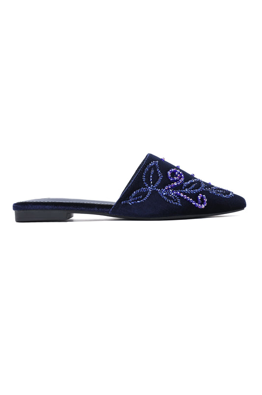 SCROLL BEADED MULES-NAVY