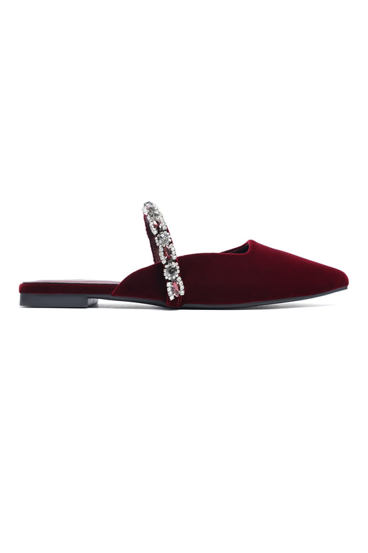 VELVET CRYSTAL STRAP FLAT MULE-MAROON