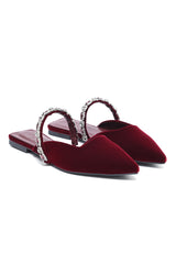 VELVET CRYSTAL STRAP FLAT MULE-MAROON