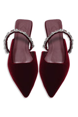 VELVET CRYSTAL STRAP FLAT MULE-MAROON