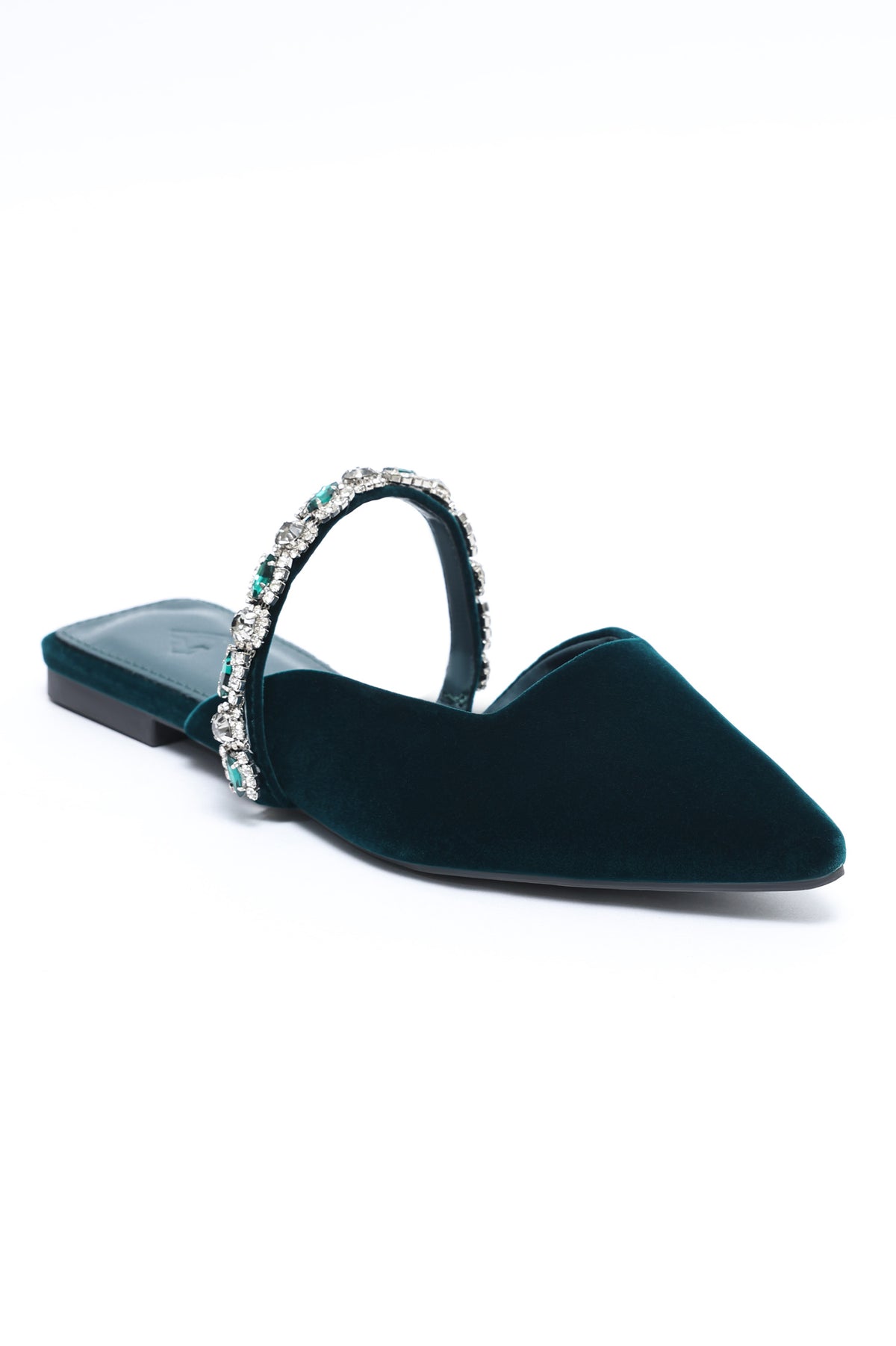 VELVET CRYSTAL STRAP FLAT MULE-TEAL
