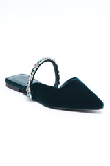 VELVET CRYSTAL STRAP FLAT MULE-TEAL