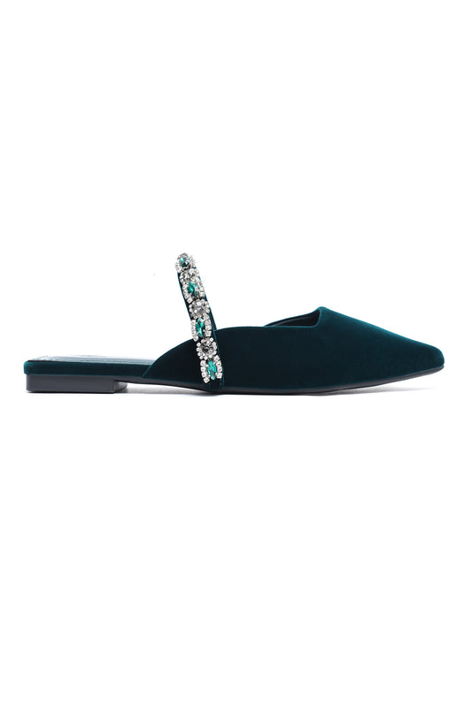 VELVET CRYSTAL STRAP FLAT MULE-TEAL