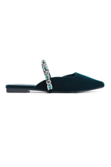 VELVET CRYSTAL STRAP FLAT MULE-TEAL
