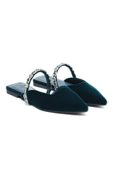 VELVET CRYSTAL STRAP FLAT MULE-TEAL