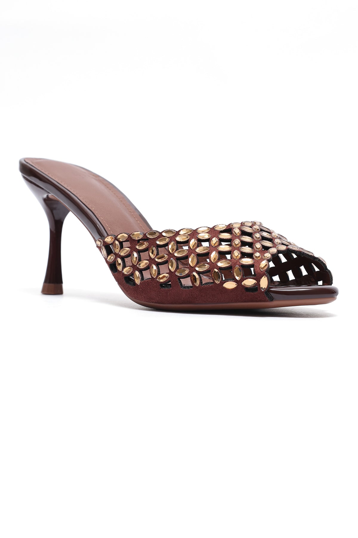 Embellished Stiletto Mules - BROWN