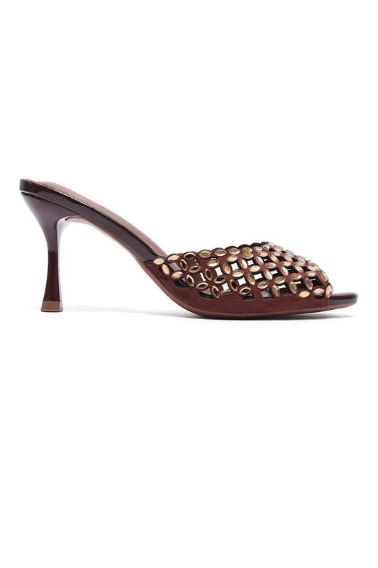 Embellished Stiletto Mules - BROWN
