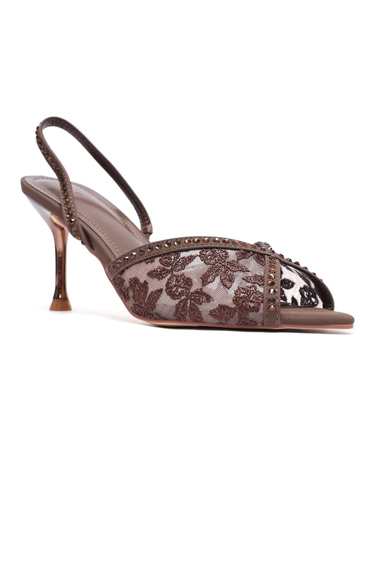 Nude Lace Heels - COFFEE