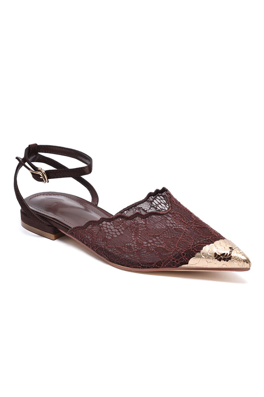 LACE POINTED FLATS - BROWN