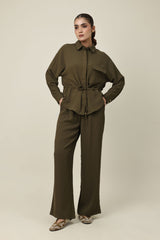 EVERLINE TIED CO-ORD SET-DK/OLIVE