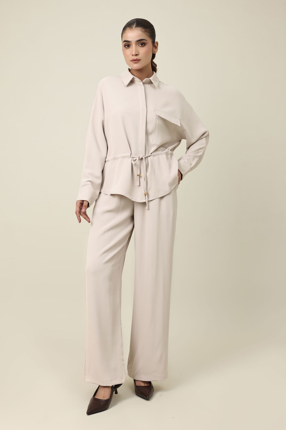 EVERLINE TIED CO-ORD SET-BEIGE