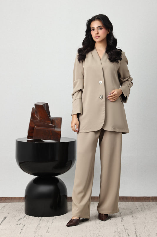 SUNBURST BUTTON BLAZER SET-BEIGE