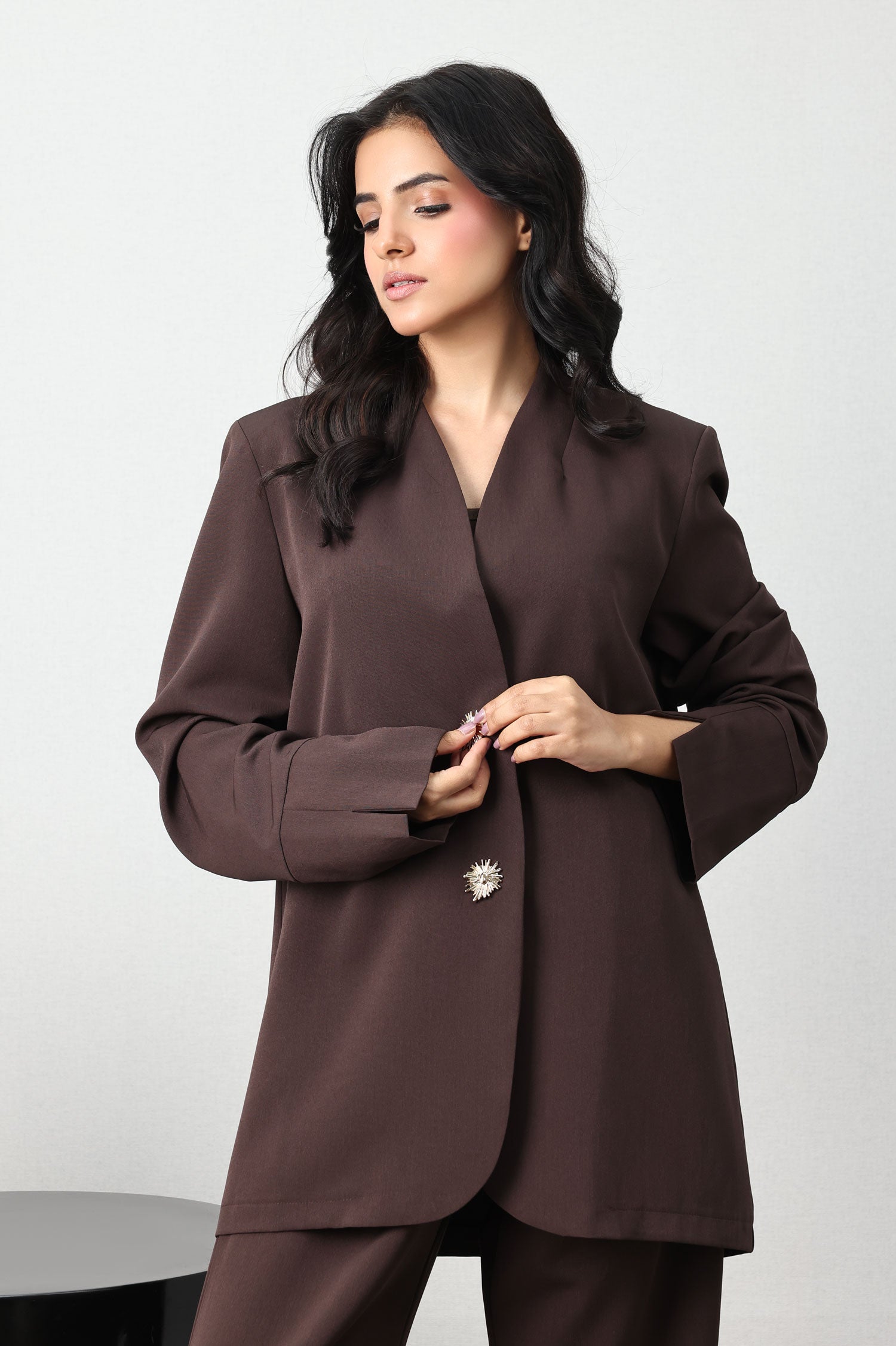 SUNBURST BUTTON BLAZER SET-CHOCO