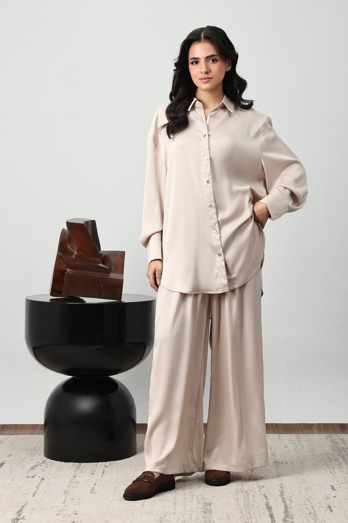 SILKEN CRINKLE SATIN CO-ORD SET-BEIGE