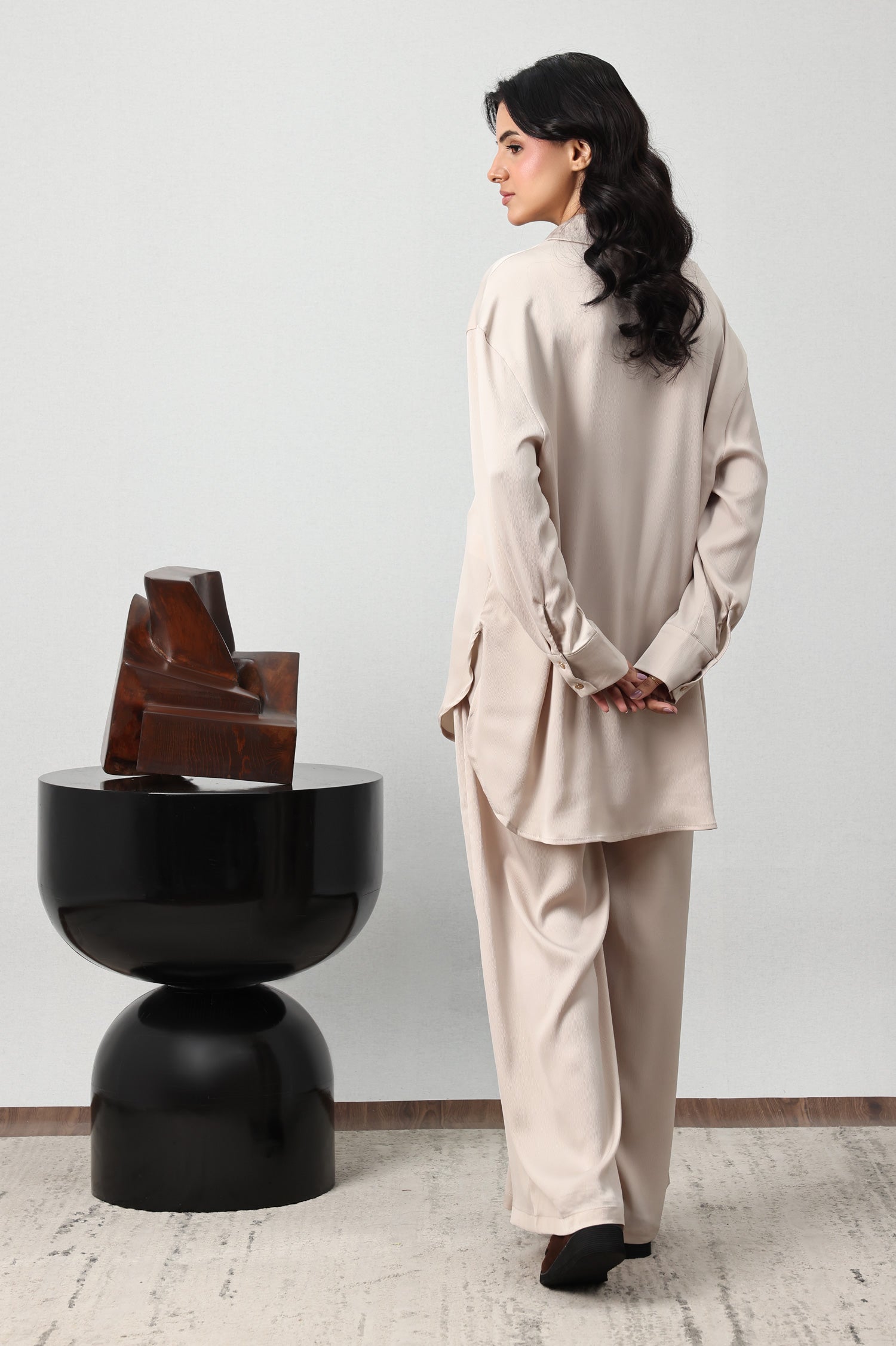 SILKEN CRINKLE SATIN CO-ORD SET-BEIGE