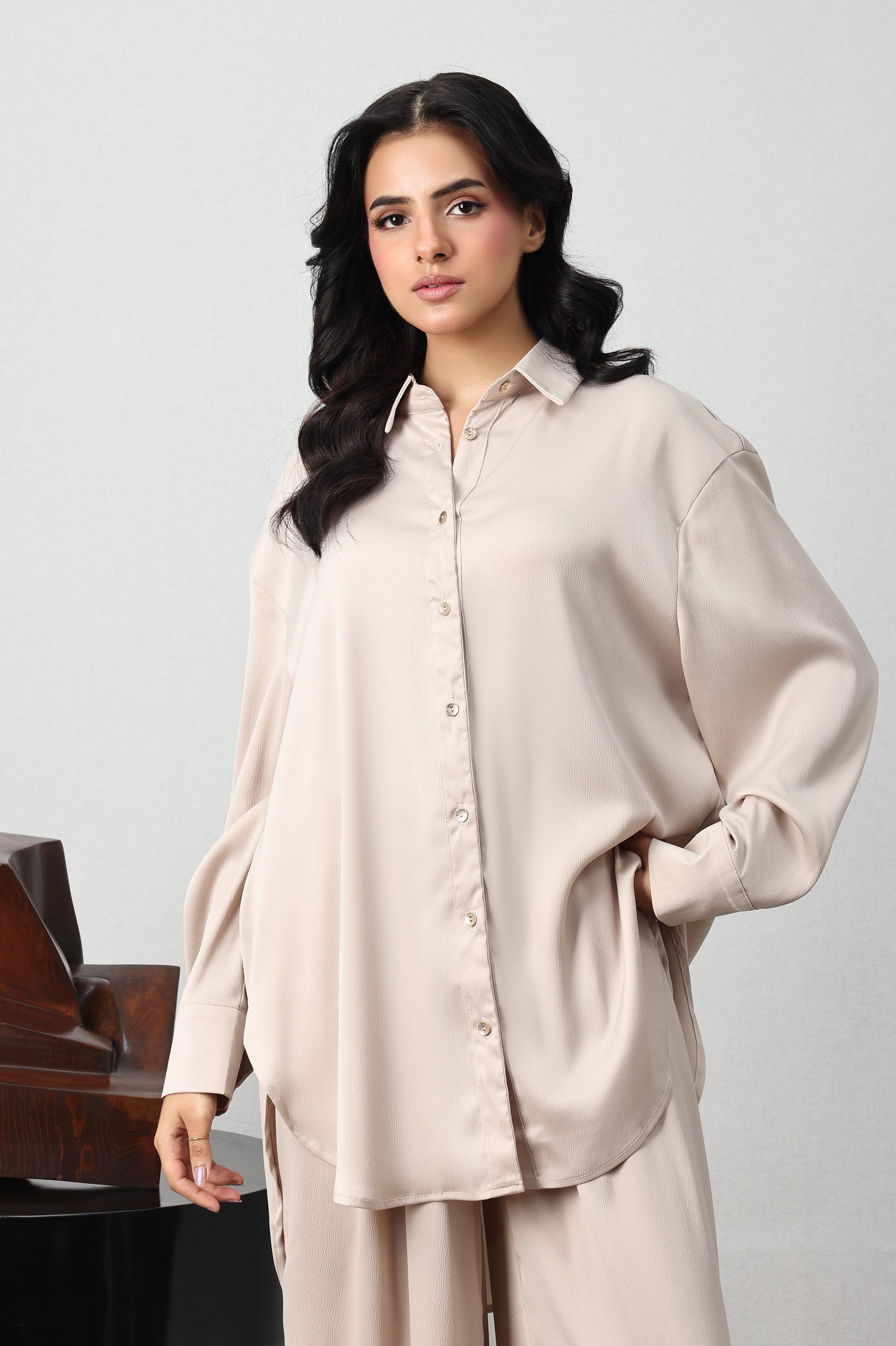SILKEN CRINKLE SATIN CO-ORD SET-BEIGE