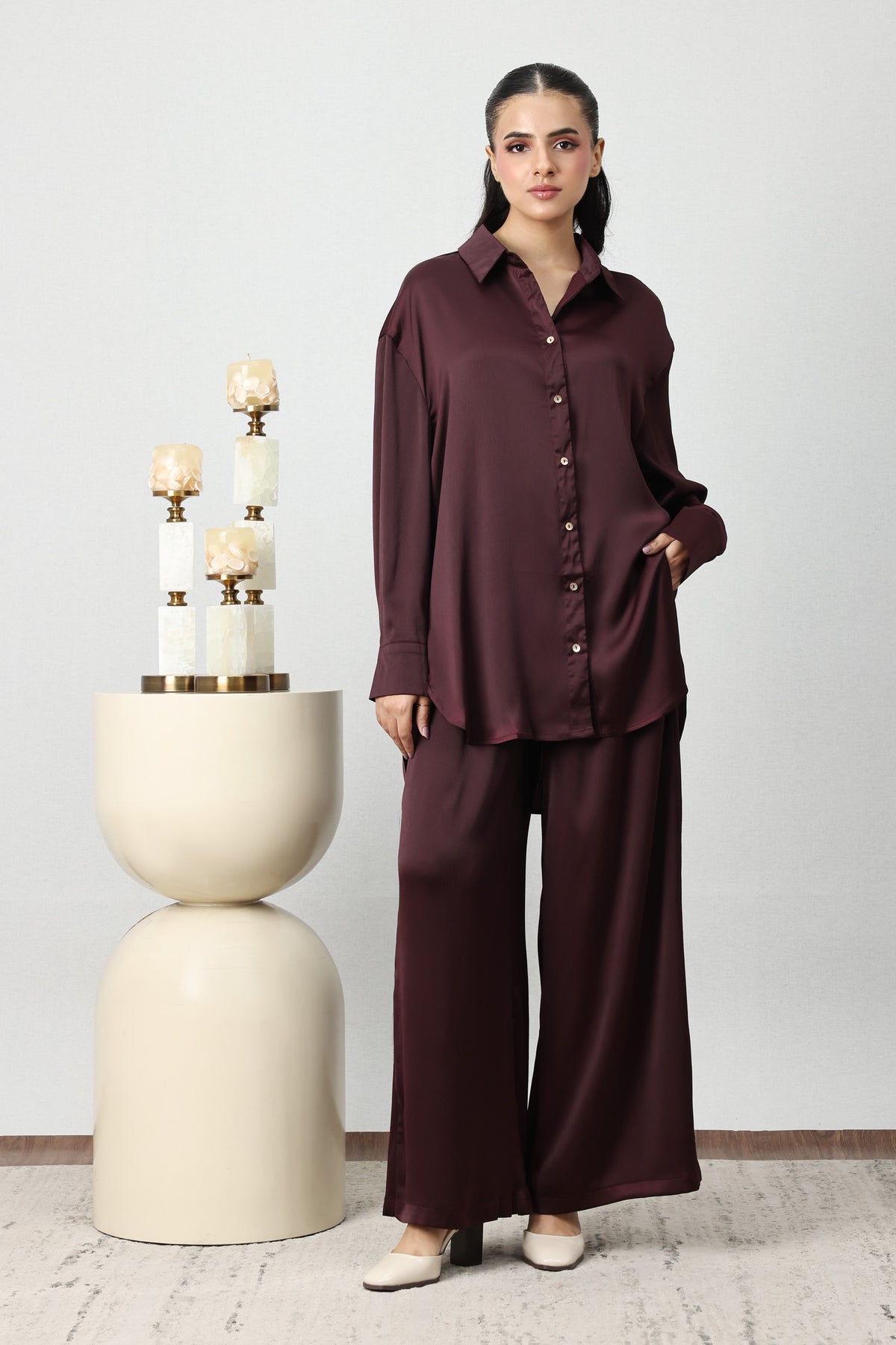 SILKEN CRINKLE SATIN CO-ORD SET-BURGUNDY