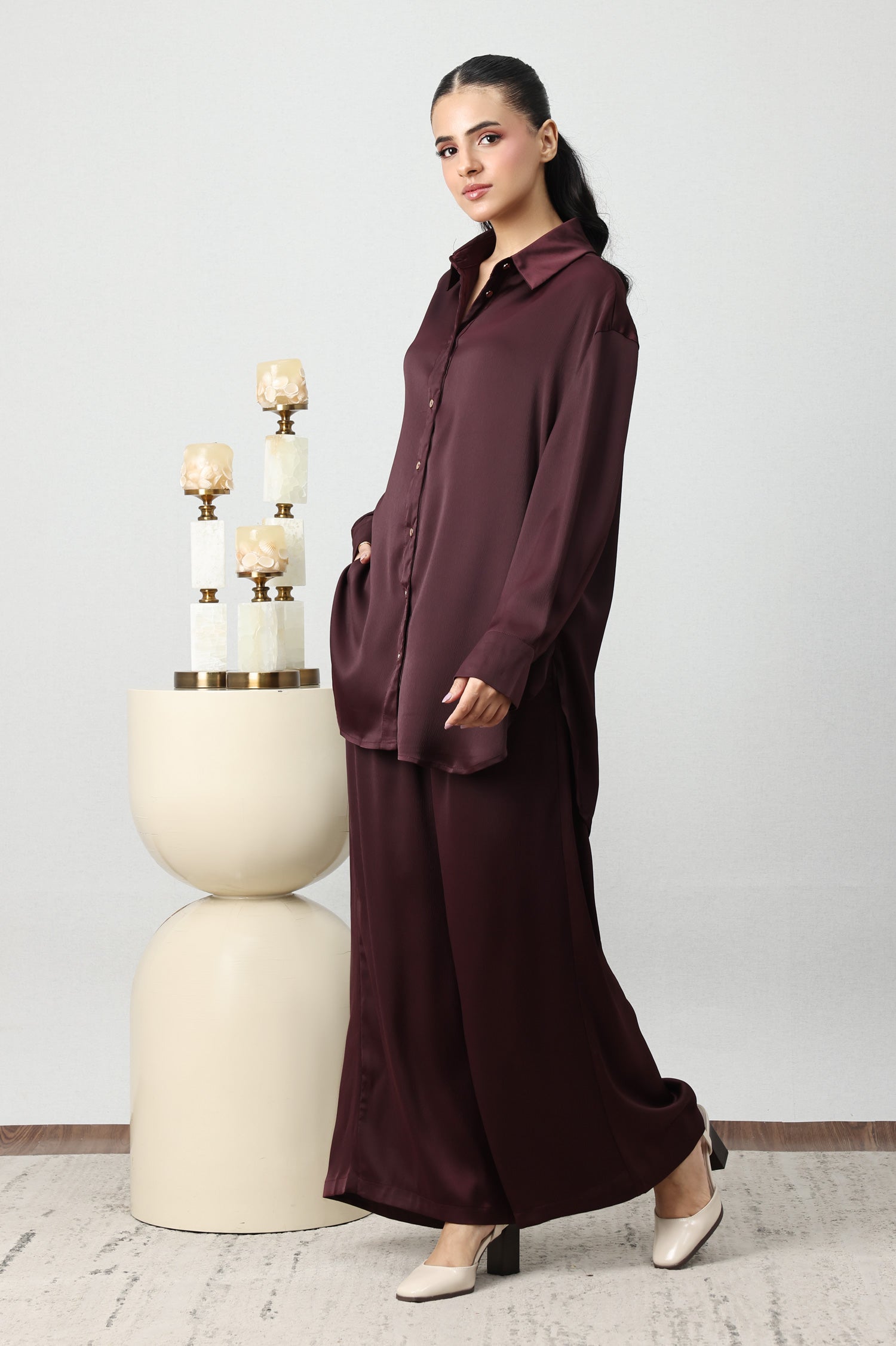 SILKEN CRINKLE SATIN CO-ORD SET-BURGUNDY