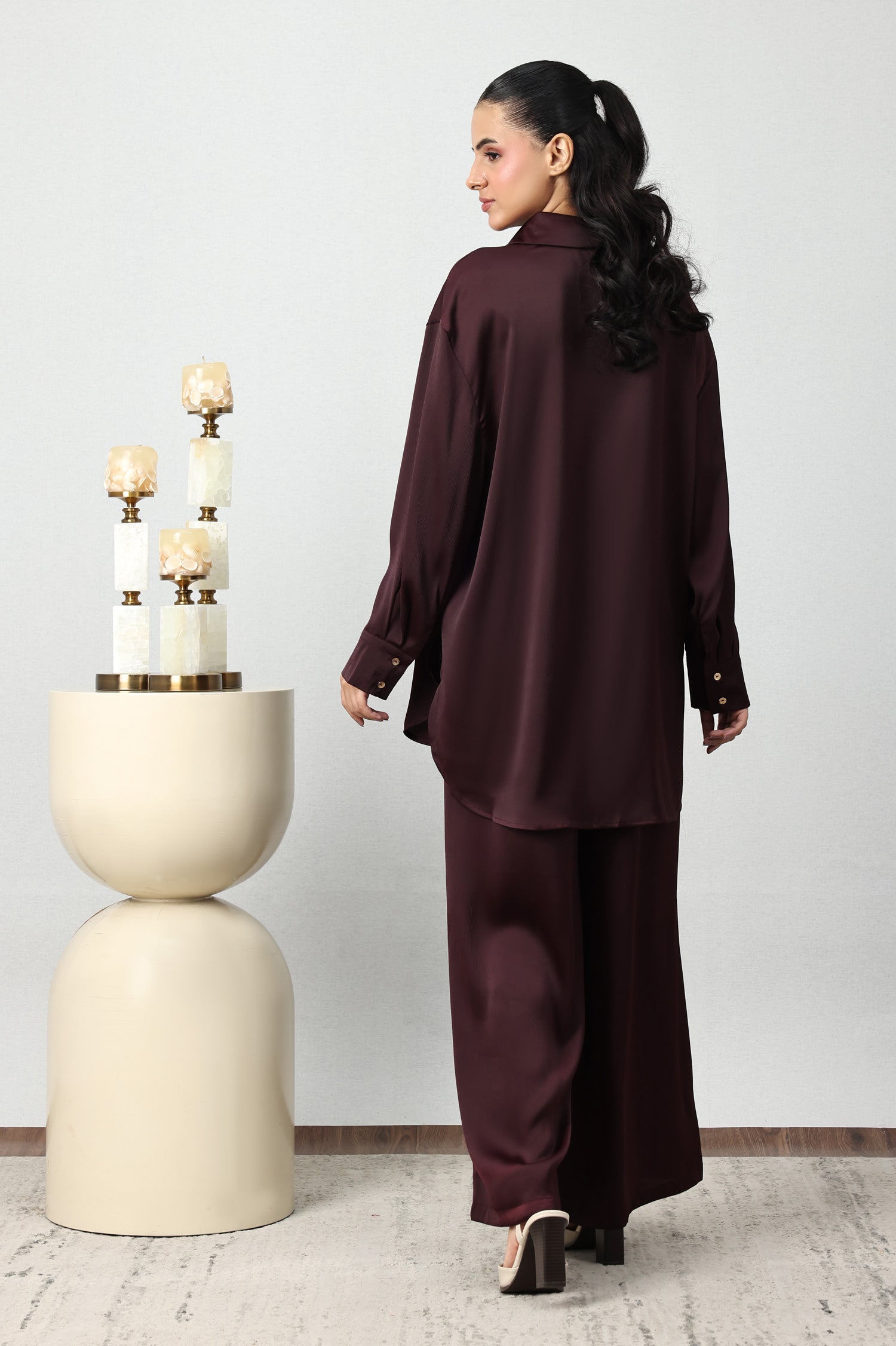 SILKEN CRINKLE SATIN CO-ORD SET-BURGUNDY