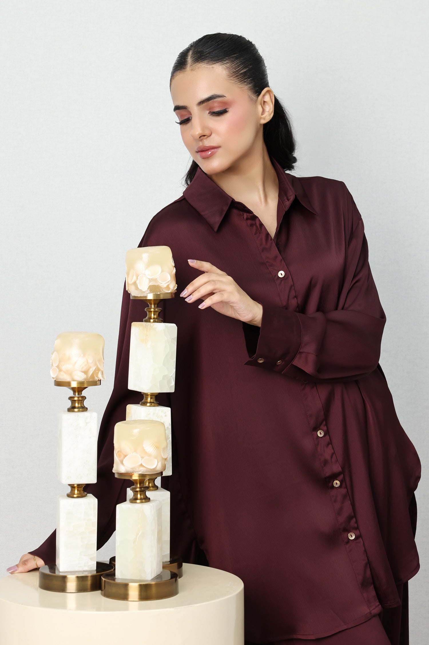 SILKEN CRINKLE SATIN CO-ORD SET-BURGUNDY
