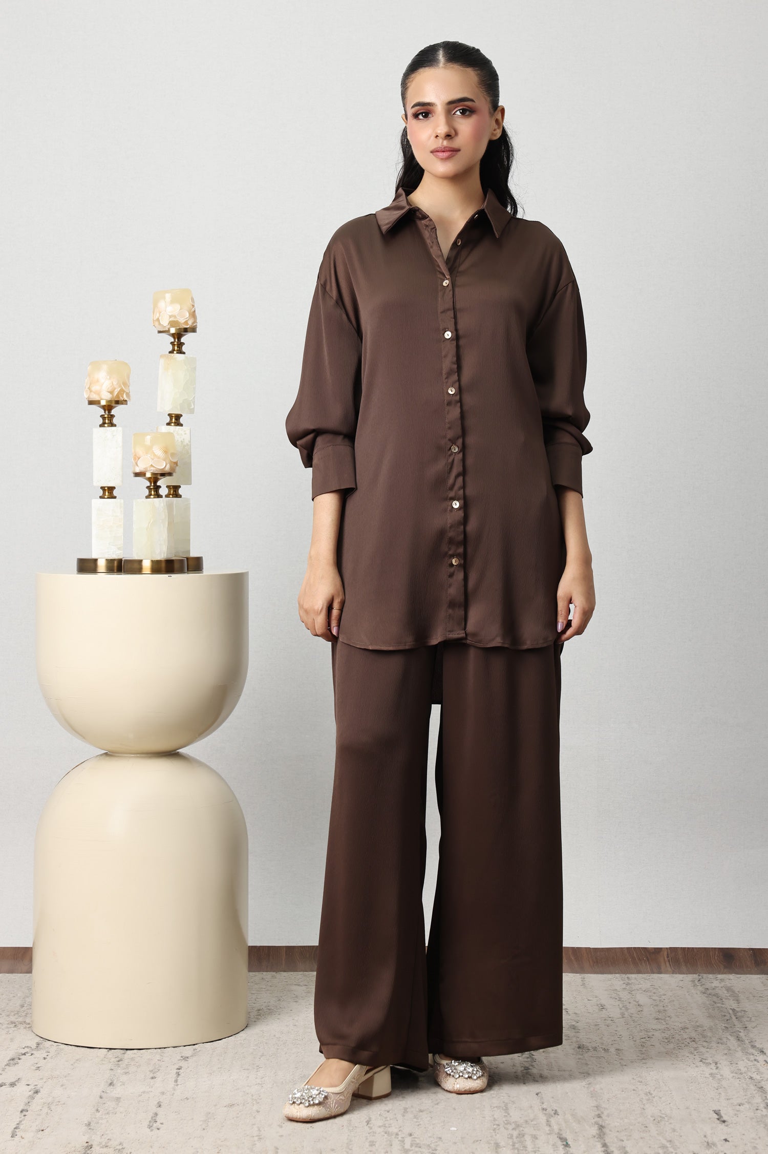 SILKEN CRINKLE SATIN CO-ORD SET-CHOCO
