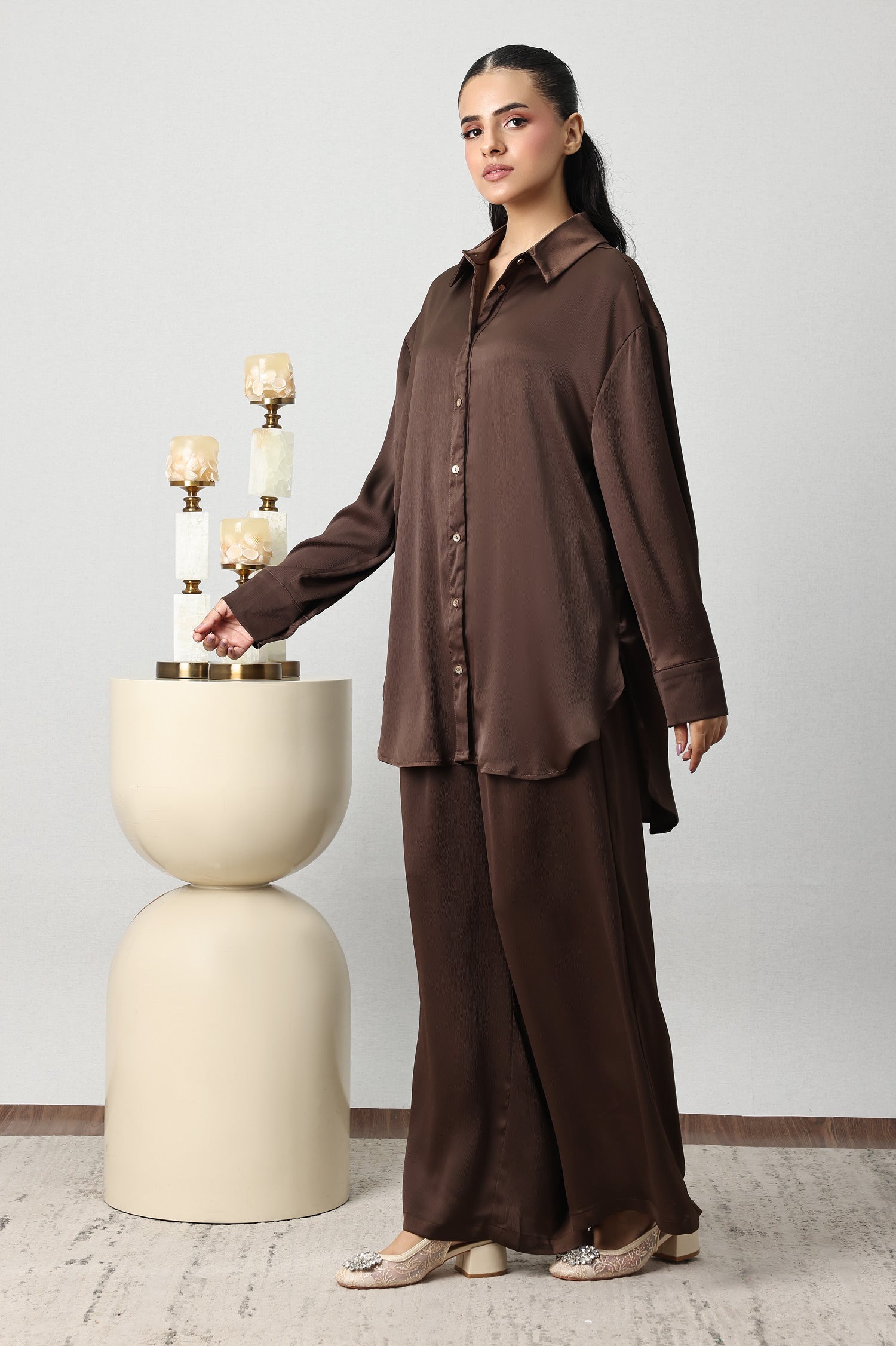 SILKEN CRINKLE SATIN CO-ORD SET-CHOCO