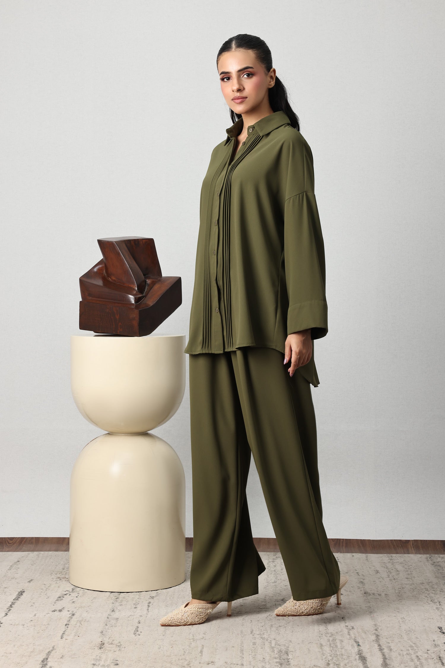 PINTUCK PLEAT CO-ORD SET-ARMY GREEN