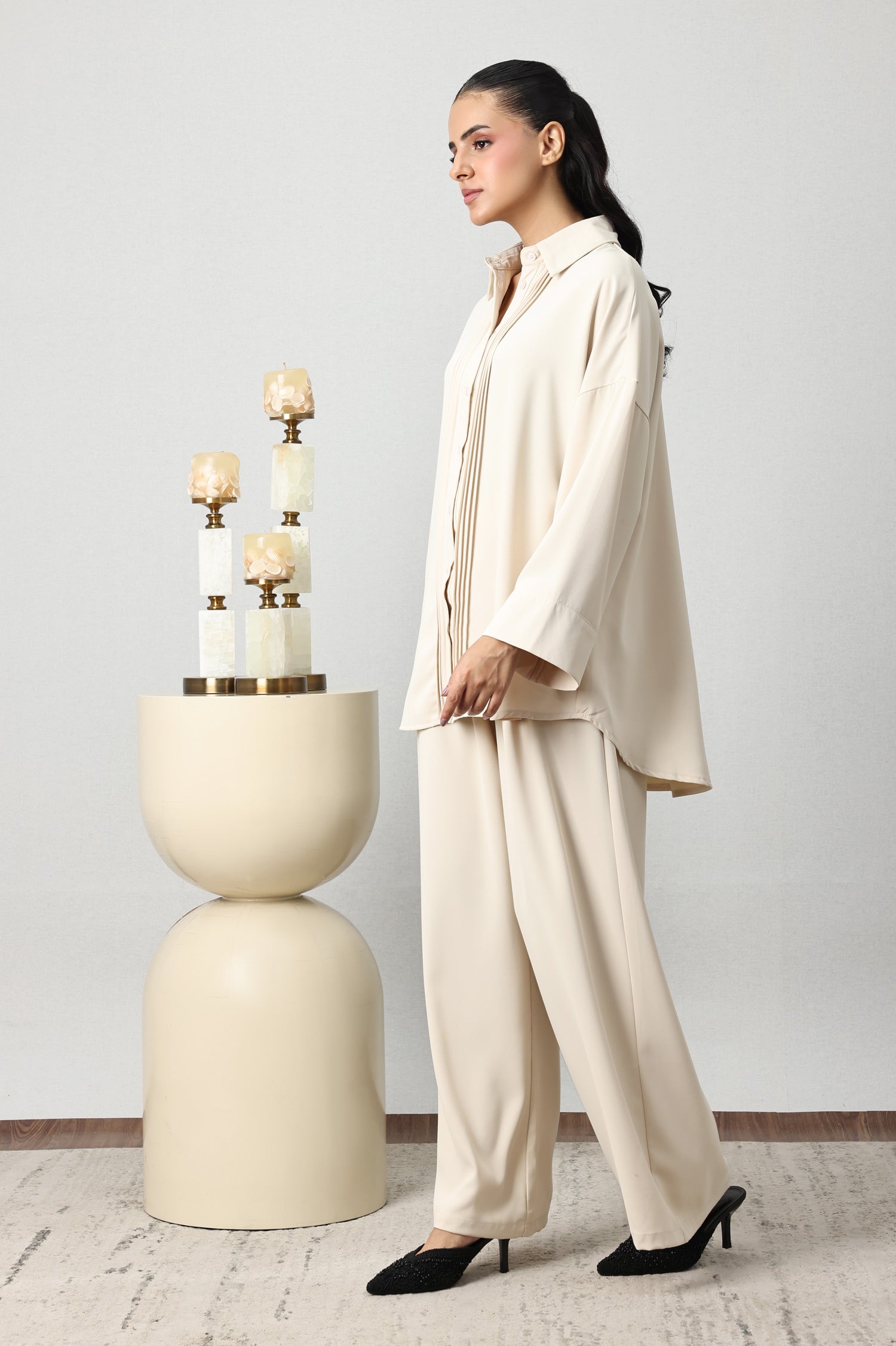 PINTUCK PLEAT CO-ORD SET-BEIGE