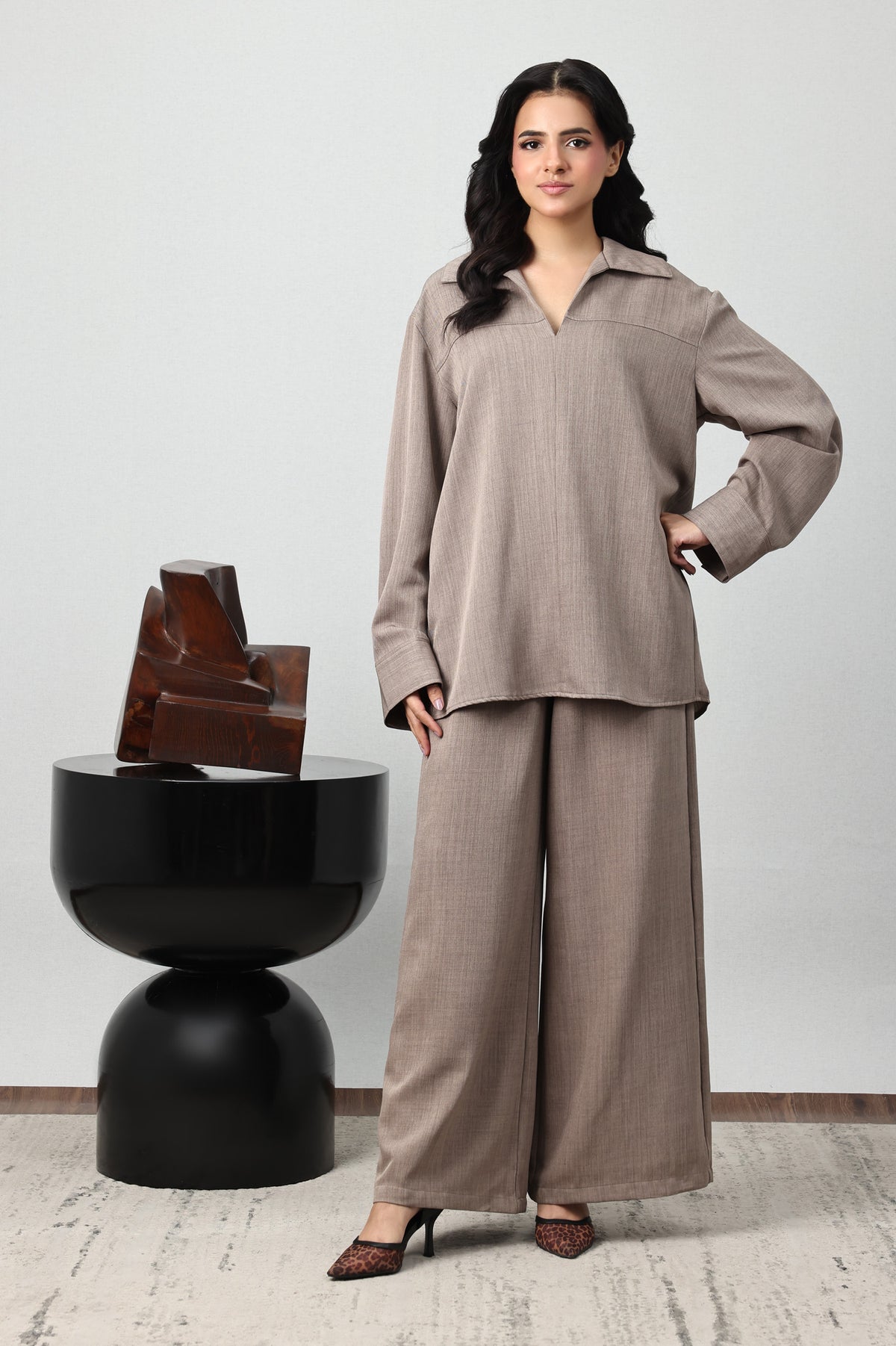 TEXTURED JOHNNY COLLAR CO-ORD SET-KHAKI