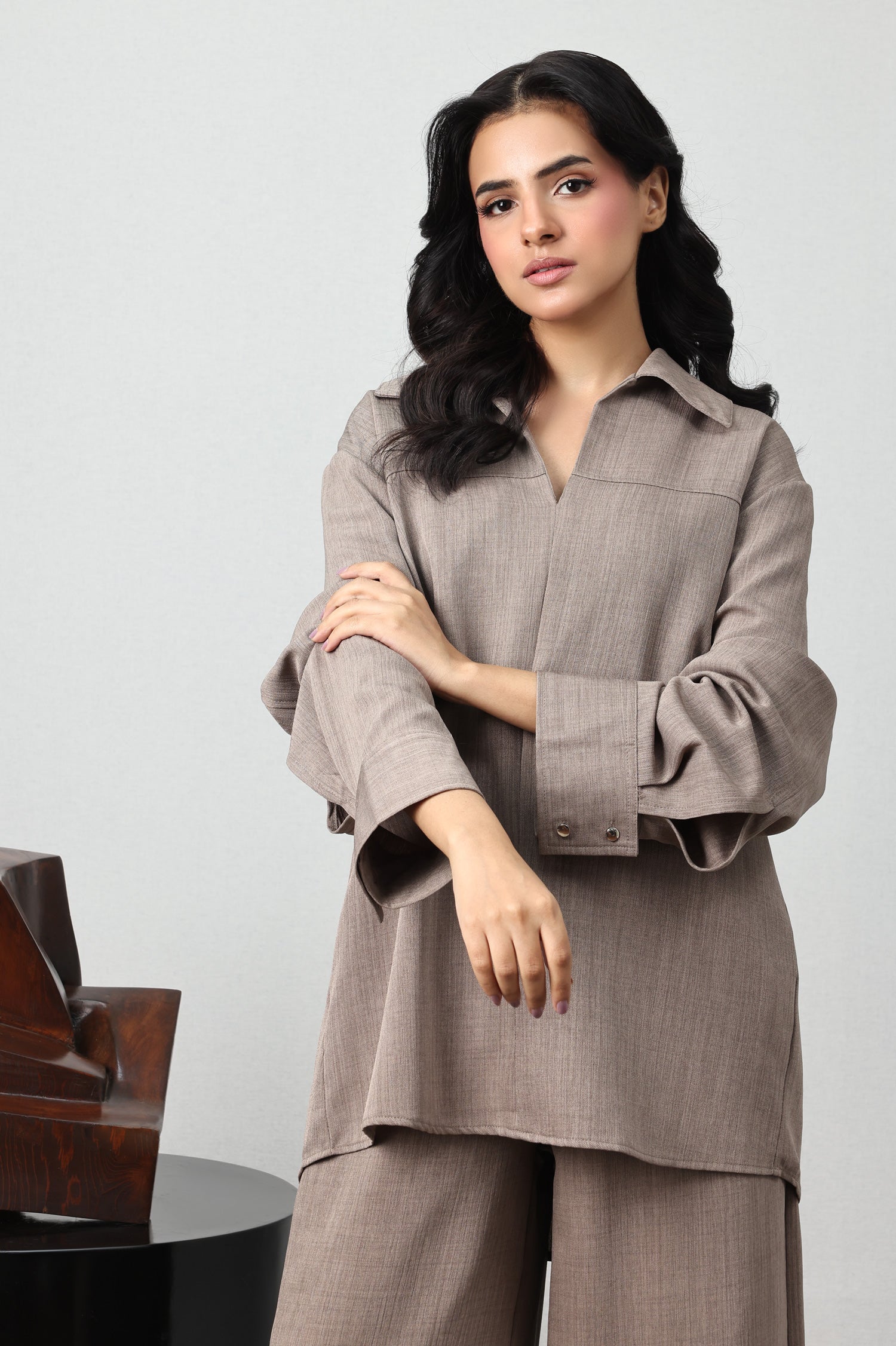 TEXTURED JOHNNY COLLAR CO-ORD SET-KHAKI